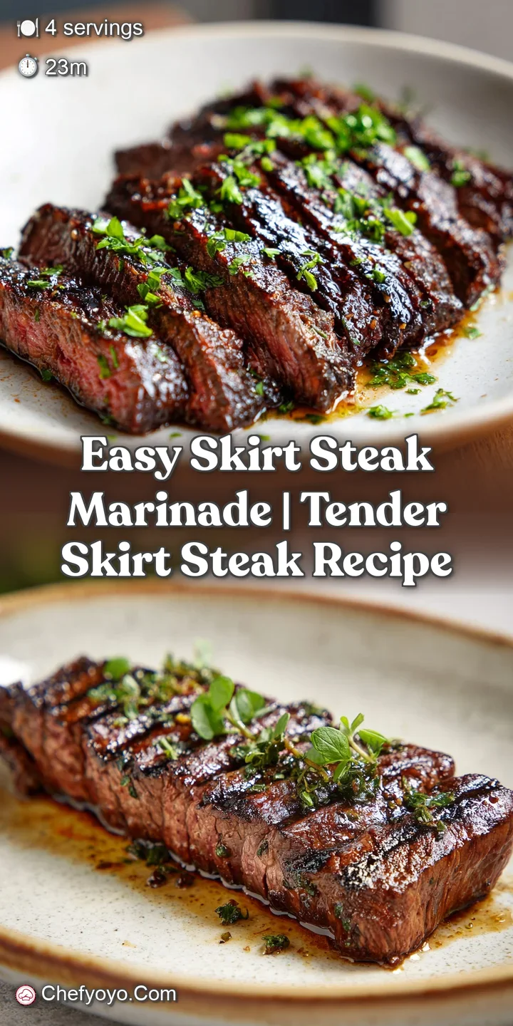 Juicy, close-up view of marinated skirt steak with visible grill marks and flecks of herbs, ready to be devoured.