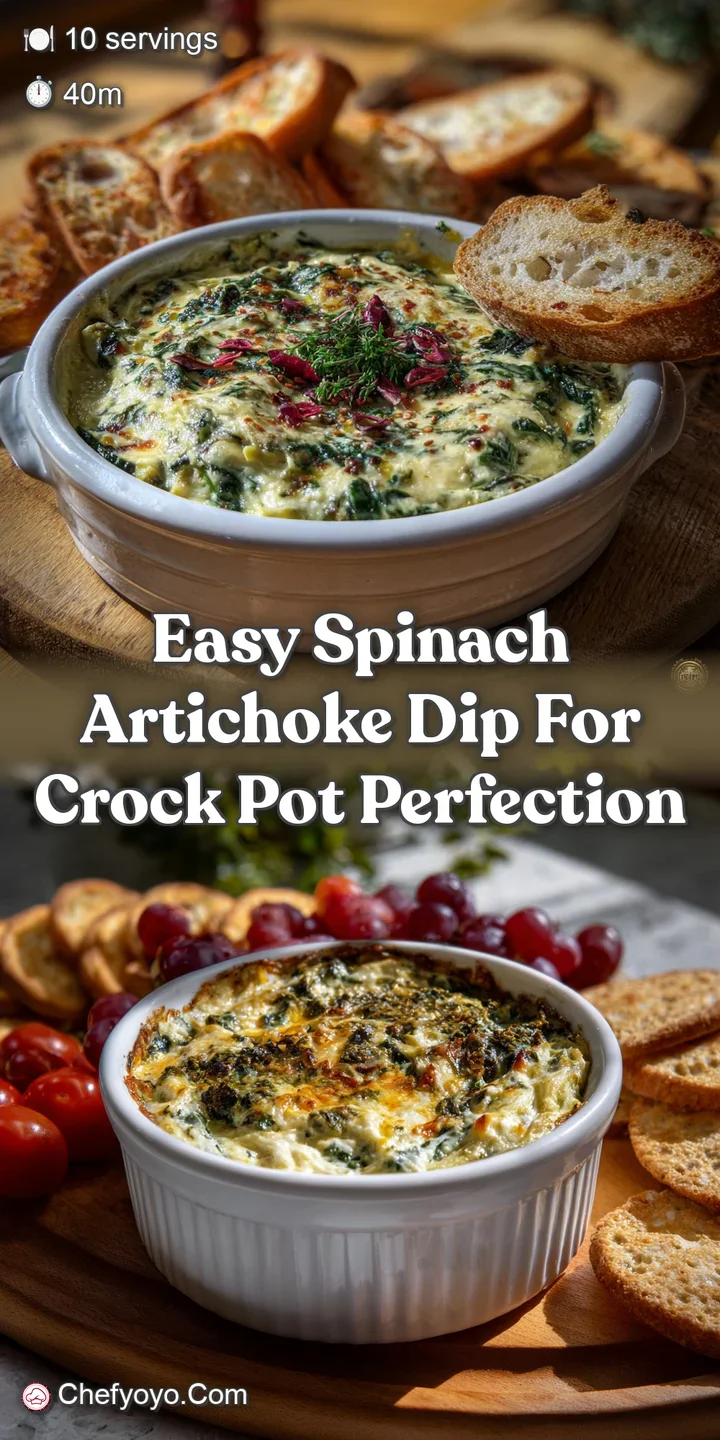 A close-up of a bubbling, cheesy spinach artichoke dip with melted cheese and artichoke hearts, ready to be scooped with a...