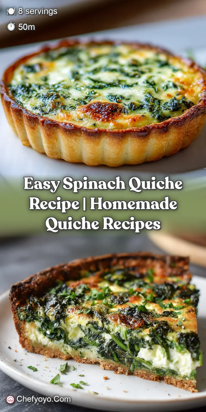 Close-up of quiche filling; vibrant green spinach contrasts with golden, bubbly cheese. Egg custard sets a luscious, invit...