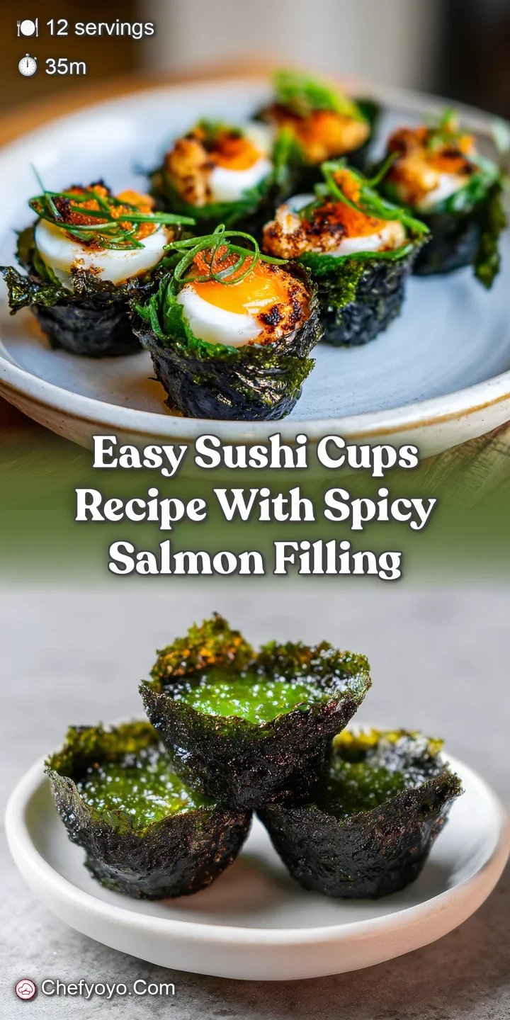 Close-up of a sushi cup revealing layers of shiny fish, fluffy rice, and colorful veggies nestled in a crispy nori shell.