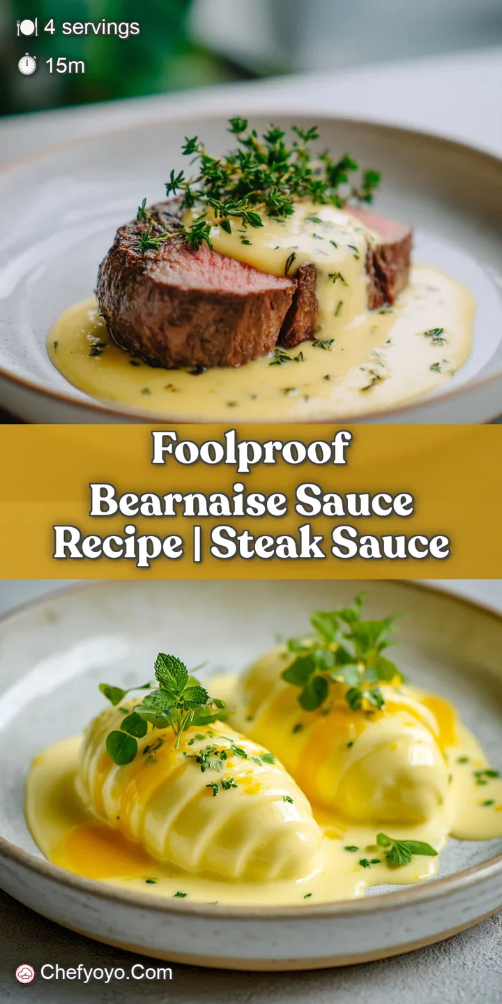 Close-up of luscious, light yellow b&eacute;arnaise sauce: glossy, smooth texture with tiny flecks of herbs; rich and inviting.