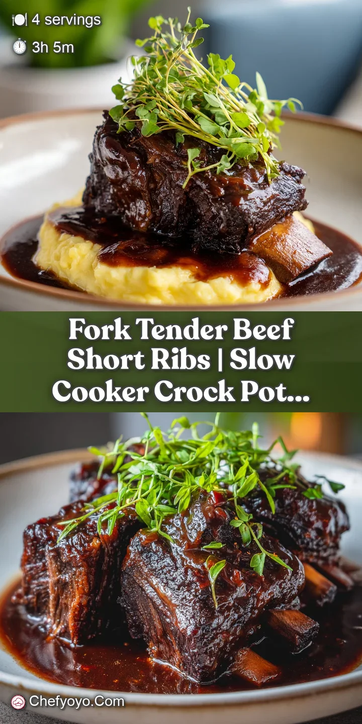 Close-up of tender beef short ribs; strands of meat pull apart easily. Dark sauce coats the rib with a glistening sheen.