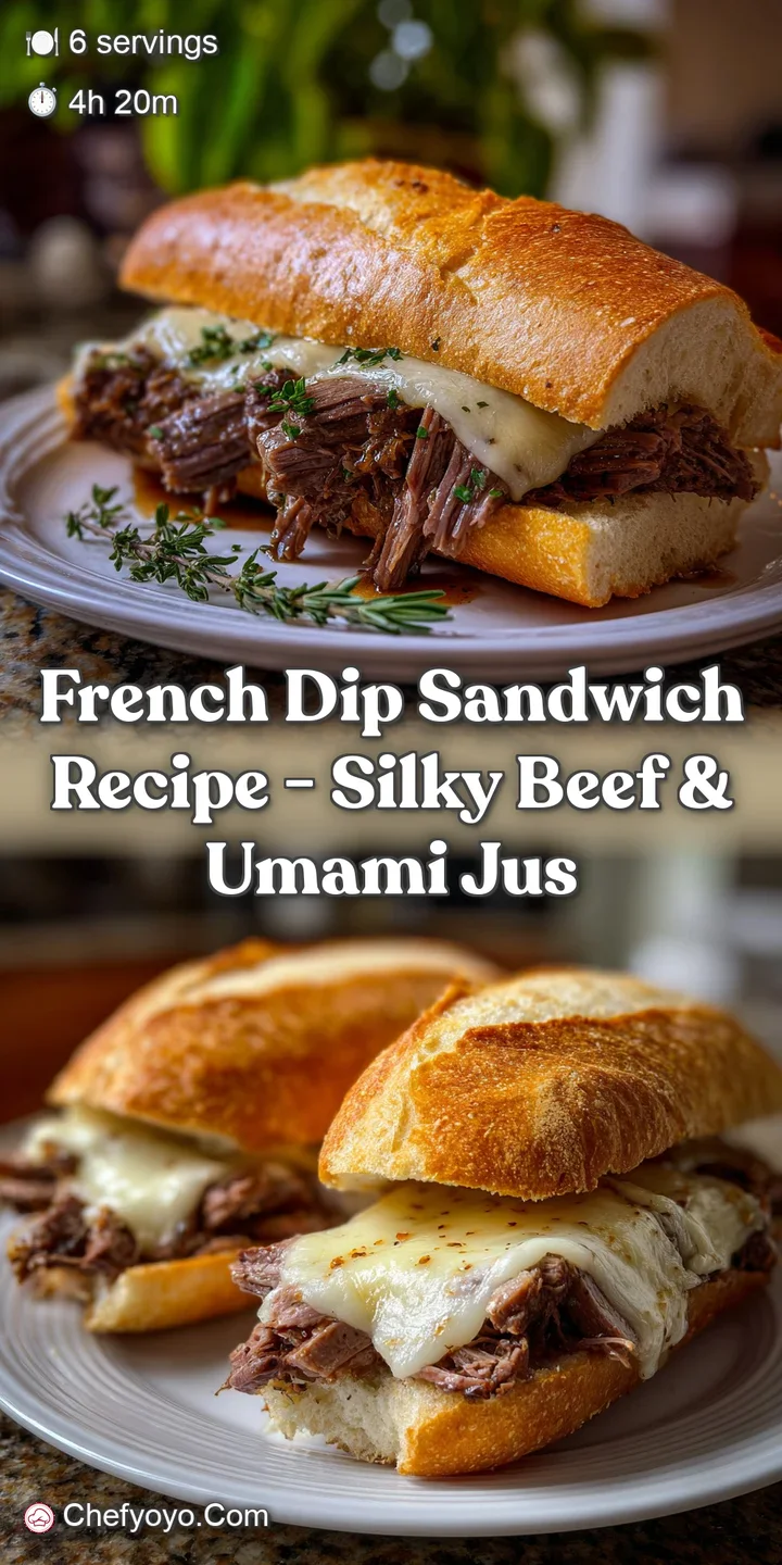 Close-up of a French dip sandwich with steam rising from the juicy, shredded beef. The crusty bread and dipping jus look i...