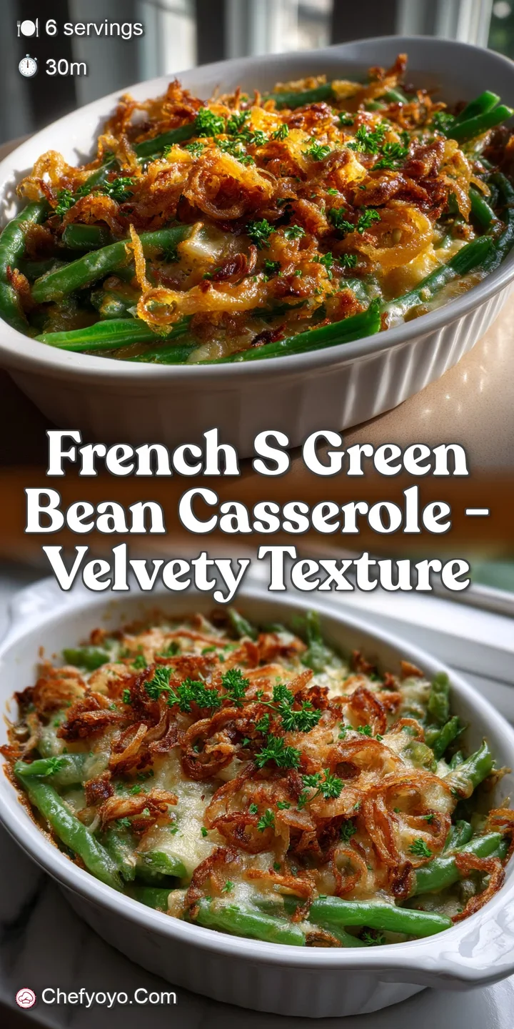 Close-up of bubbling casserole; rich, creamy base with tender green beans and a generous layer of perfectly golden, crispy...