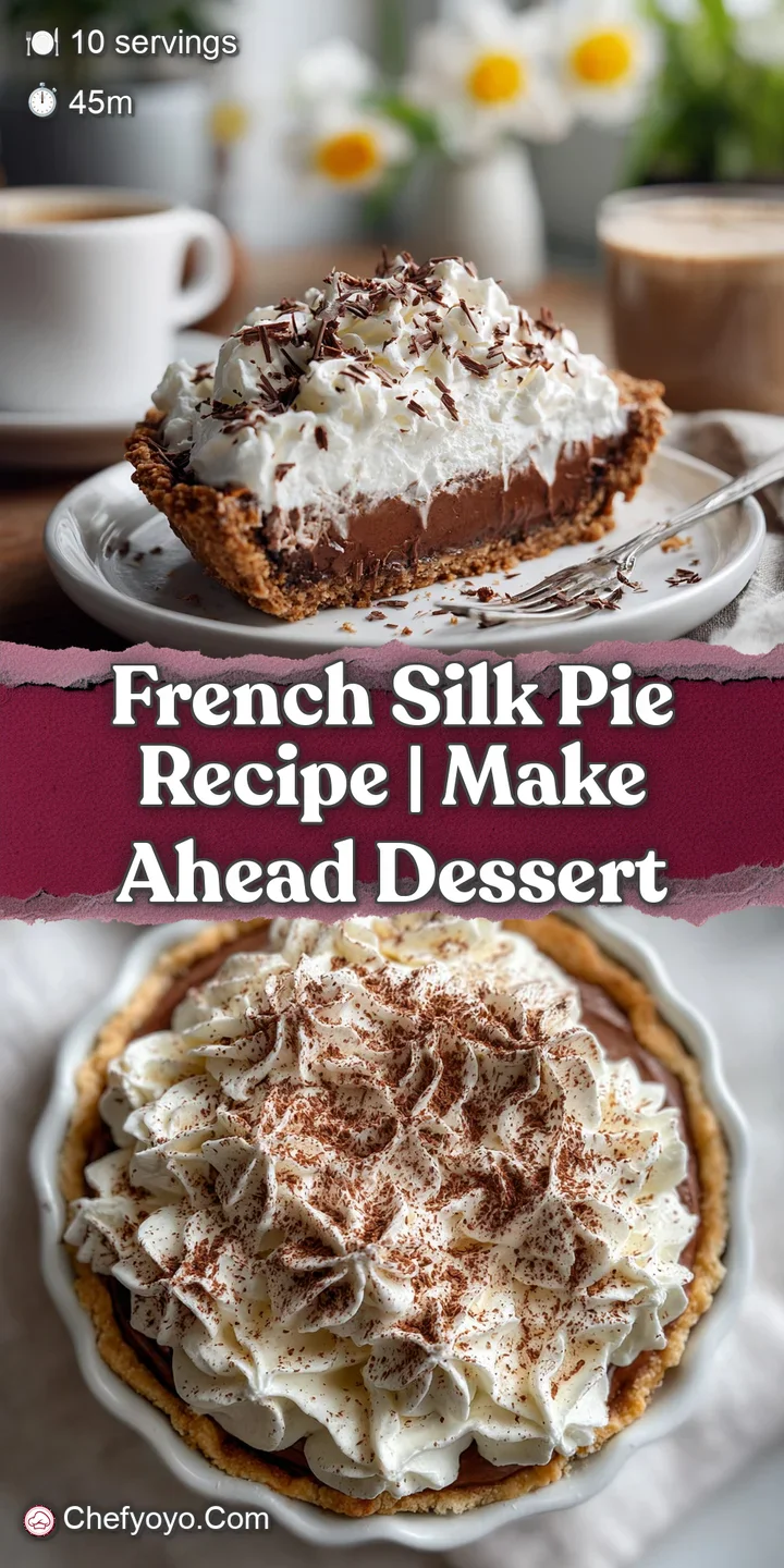 Close-up of decadent French silk pie featuring rich, glossy chocolate filling and delicate, soft peaks of whipped cream to...