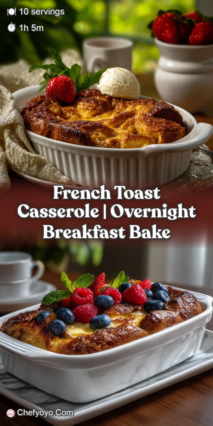 Close-up of warm, custardy French toast casserole. Soft texture with slightly crisp edges. Topped with ripe, juicy blueber...