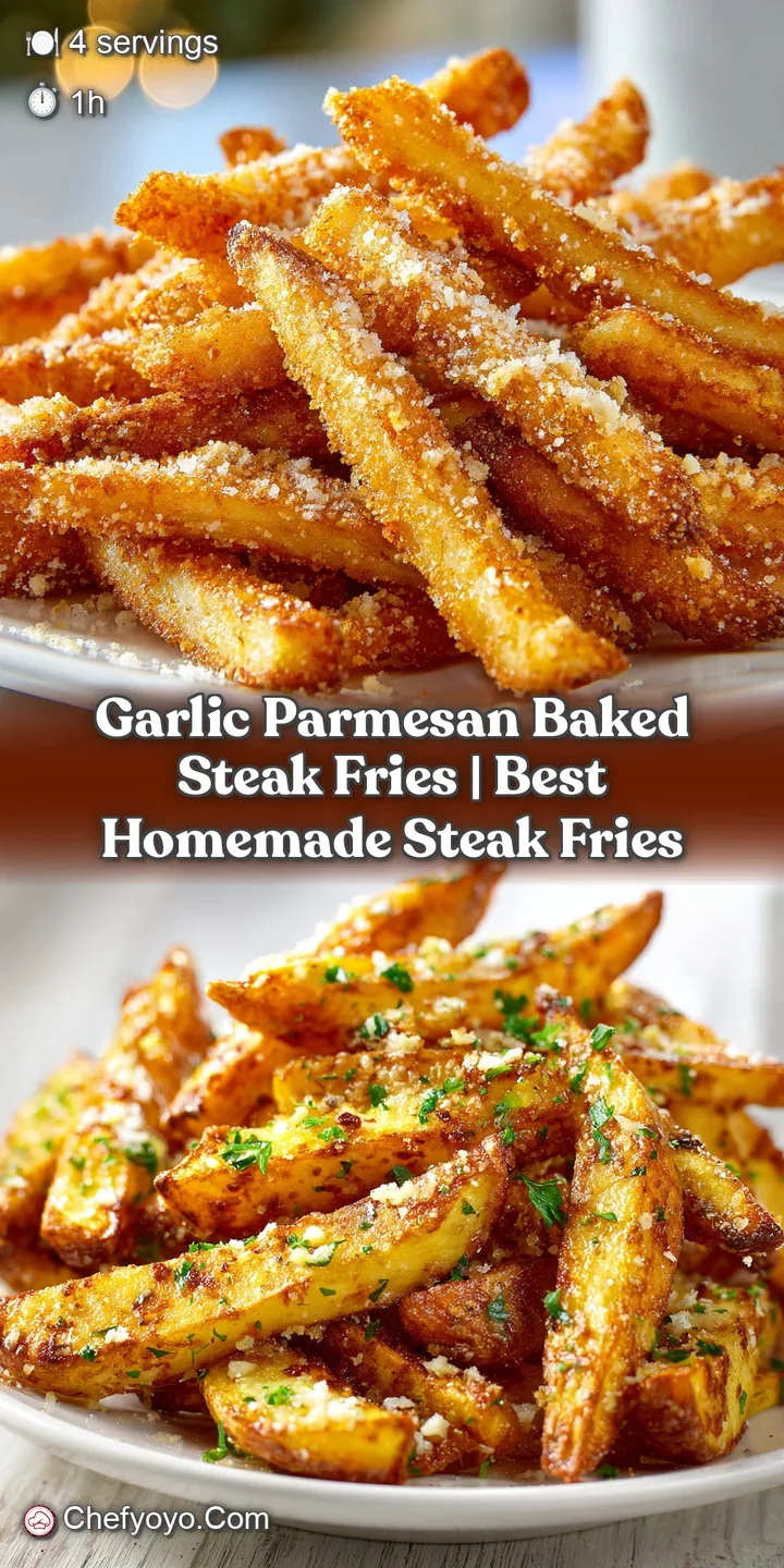 Close-up of thick-cut, golden steak fries with a tantalizing Parmesan crust and visible garlic slivers, steaming slightly.