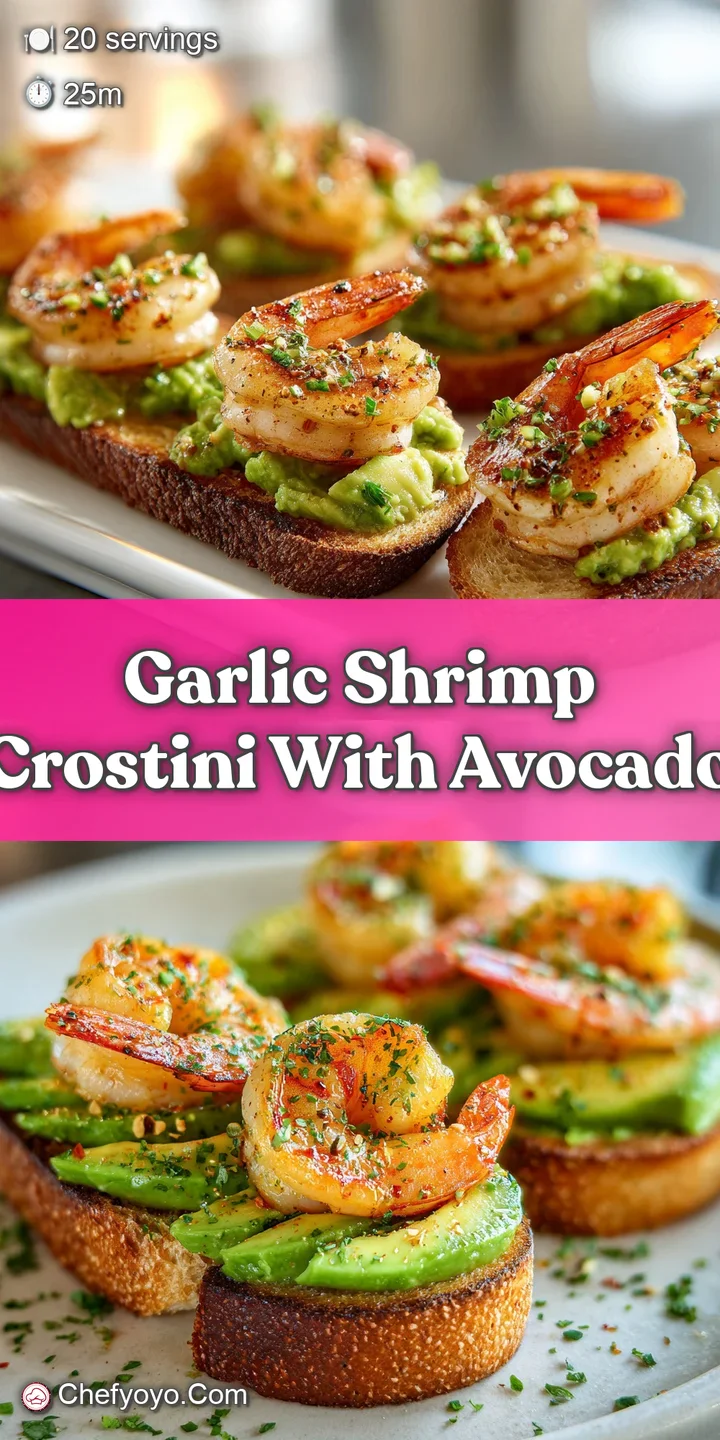 Close-up of juicy garlic shrimp and smooth avocado slices on toasted bread, hinting at a flavorful bite.