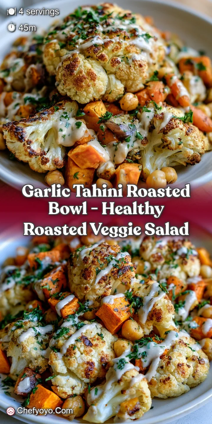 Close-up of golden roasted cauliflower florets glistening with a rich, creamy garlic sauce and fresh green herbs.