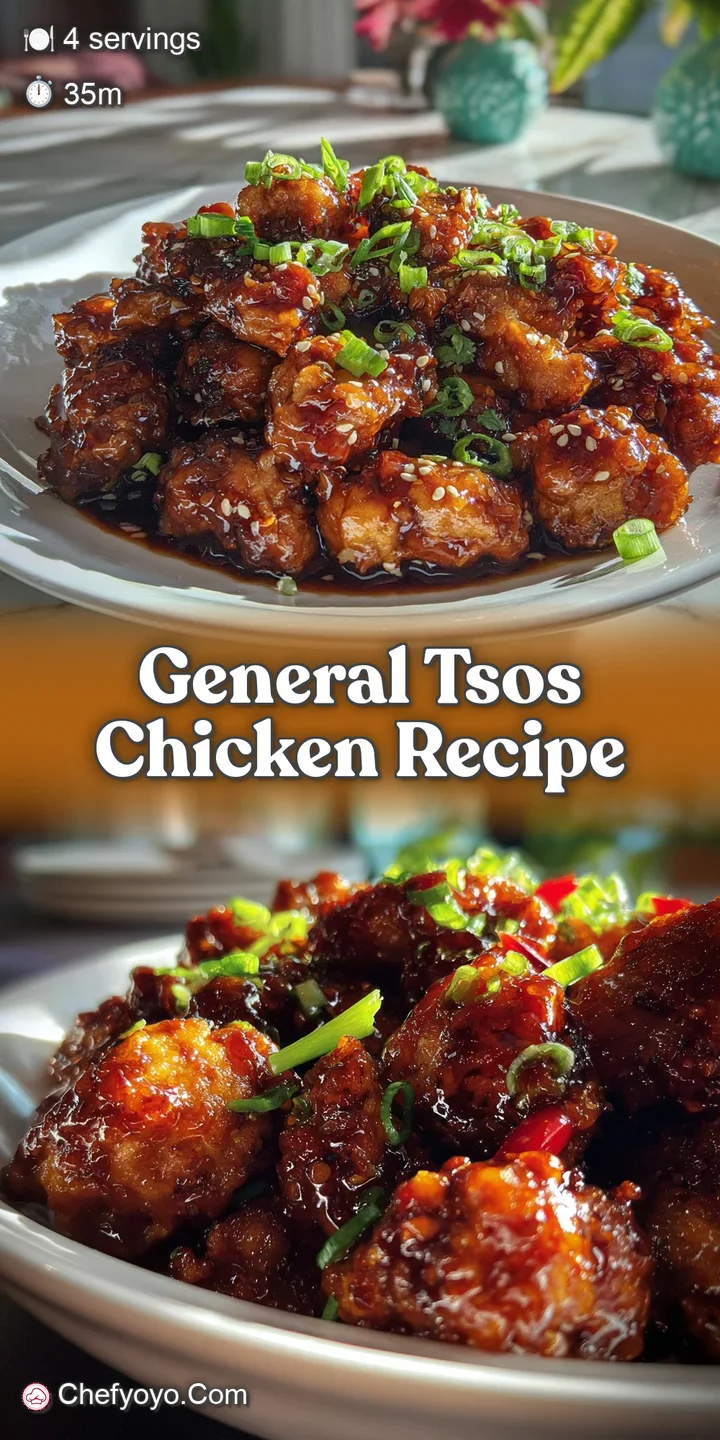 Close-up shows glistening, dark, and slightly sticky General Tso's chicken pieces, highlighting the crispy texture and sav...