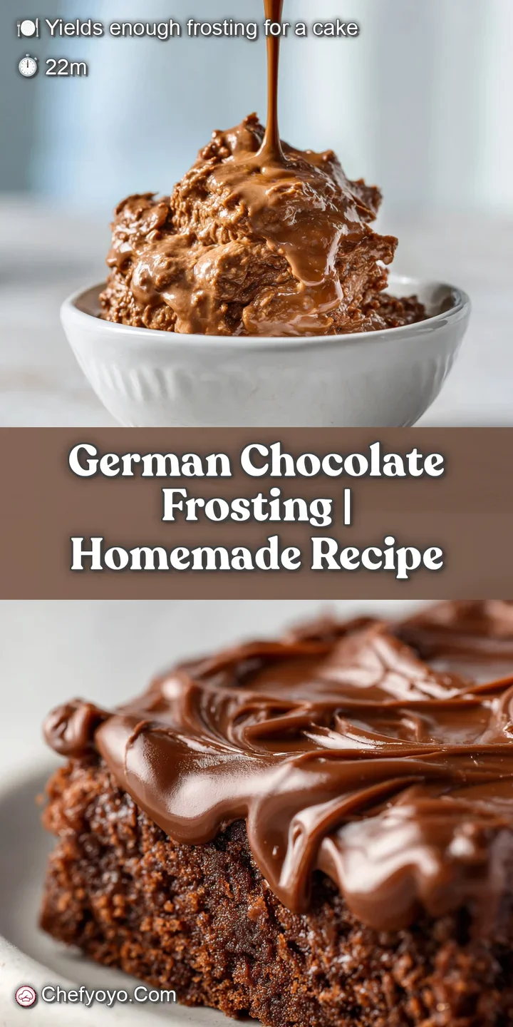 Close-up of creamy German chocolate frosting; the fudgy texture shines with specks of sweet coconut throughout.