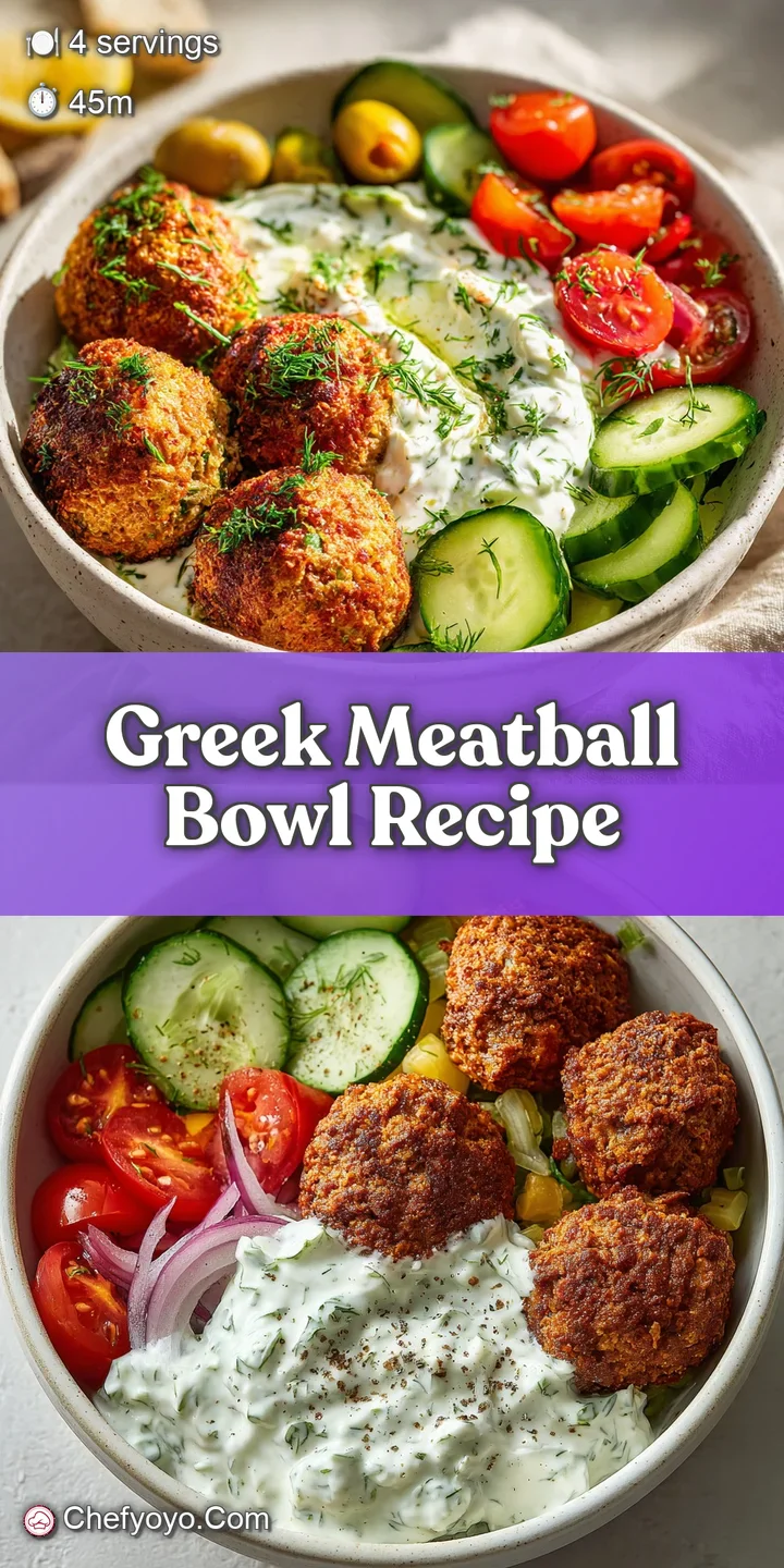 Juicy pan-seared meatballs up close, speckled with herbs, next to a creamy white sauce and a bright red tomato slice.