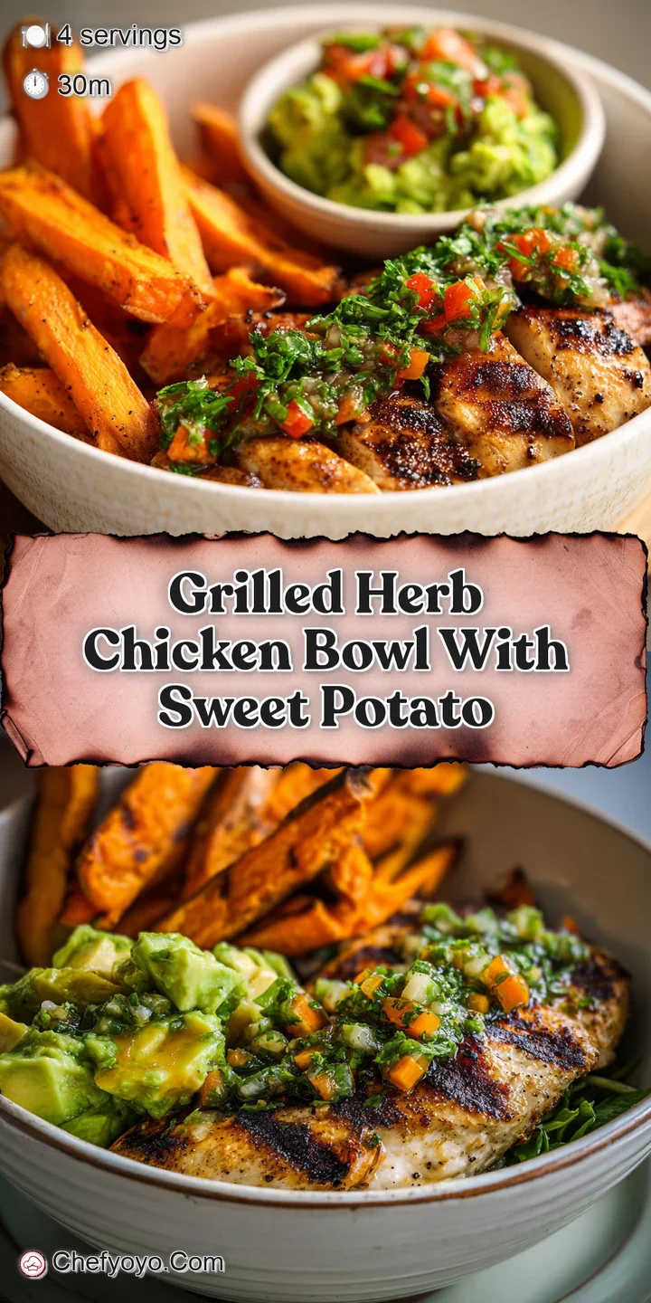 Close-up of tender grilled chicken, crispy sweet potato fries, and vibrant herbs, glistening with flavorful sauce and oils.