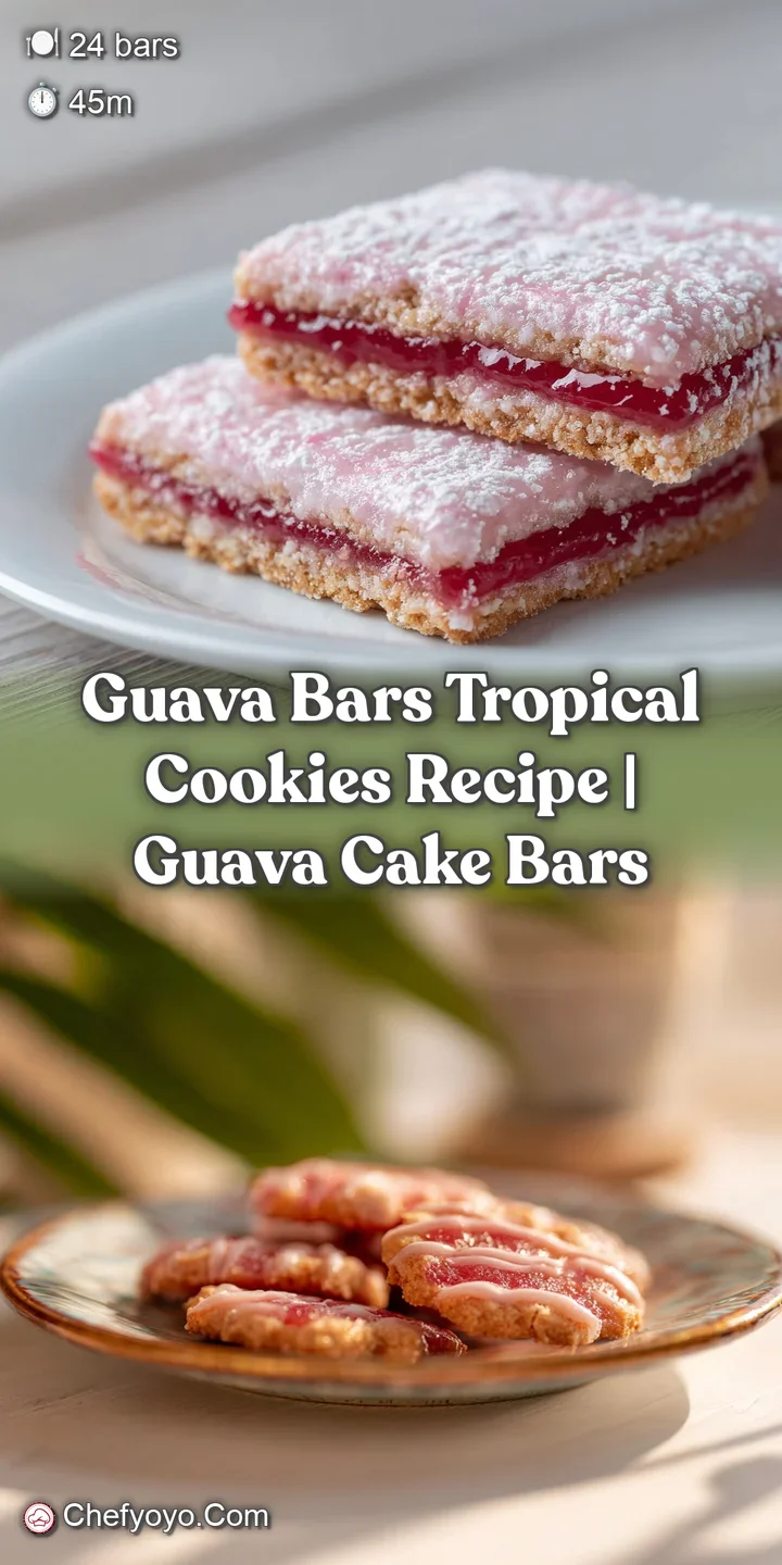 Close-up showing the soft, chewy texture of a guava bar. Pink guava filling peeks through the soft golden crust; dusted wi...