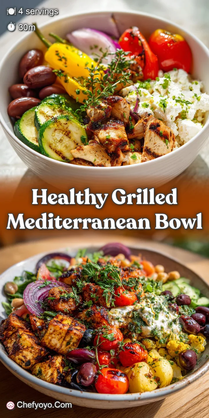 Close-up of a vibrant Mediterranean bowl showcasing glistening grilled chicken, pearl couscous, and colorful vegetables wi...