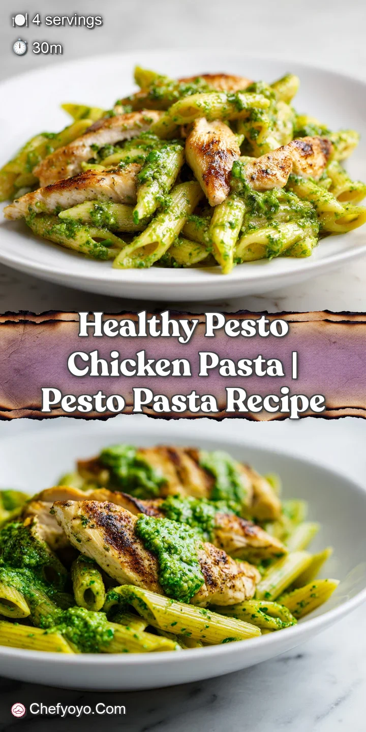 Macro shot of creamy green pesto clinging to pasta ridges with a juicy piece of charred chicken and a burst of red tomato.
