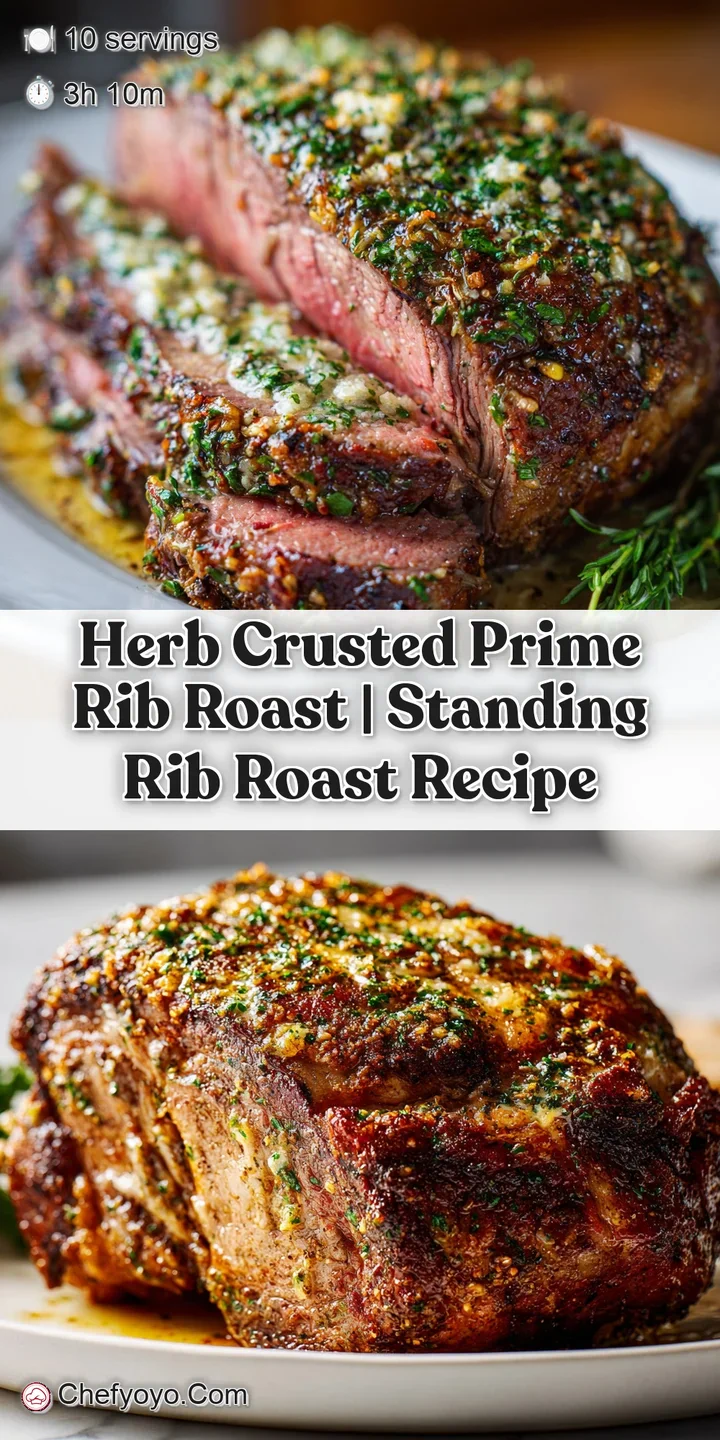 Close-up of herb-crusted prime rib roast, showing crispy texture and juicy pink center. Aromatic herbs enhance the rich co...