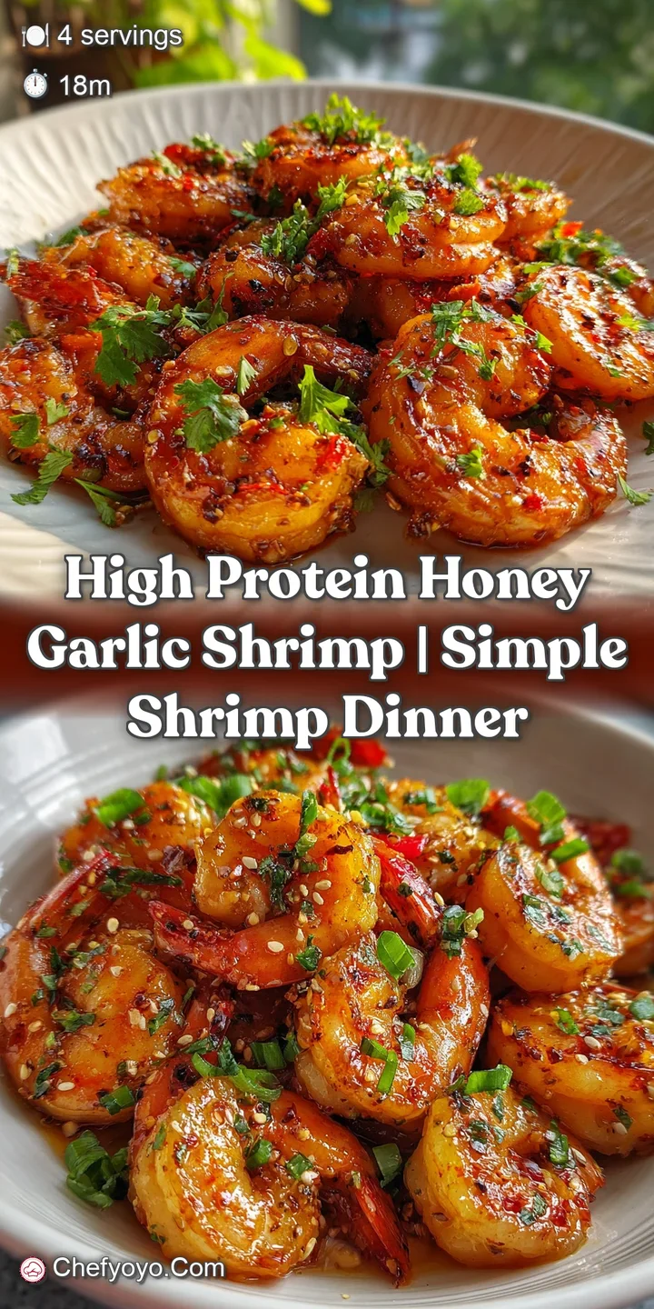 Close-up of succulent shrimp, coated in a sticky honey garlic sauce. The shimmering glaze and textures create an appetizin...