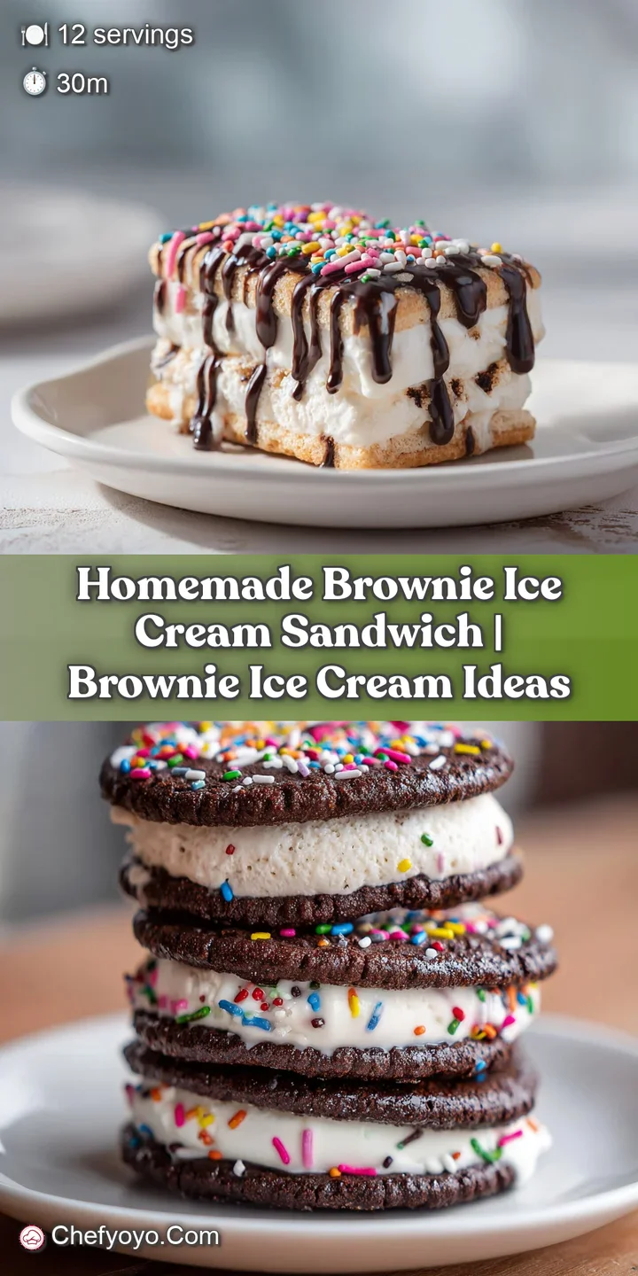 Close-up of a brownie ice cream sandwich, showing the fudgy brownie texture and smooth vanilla ice cream. An irresistible ...