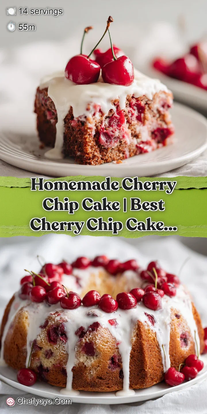 Close-up of a moist cherry chip cake slice, revealing soft crumb, bright red cherries, and melting chocolate chips.