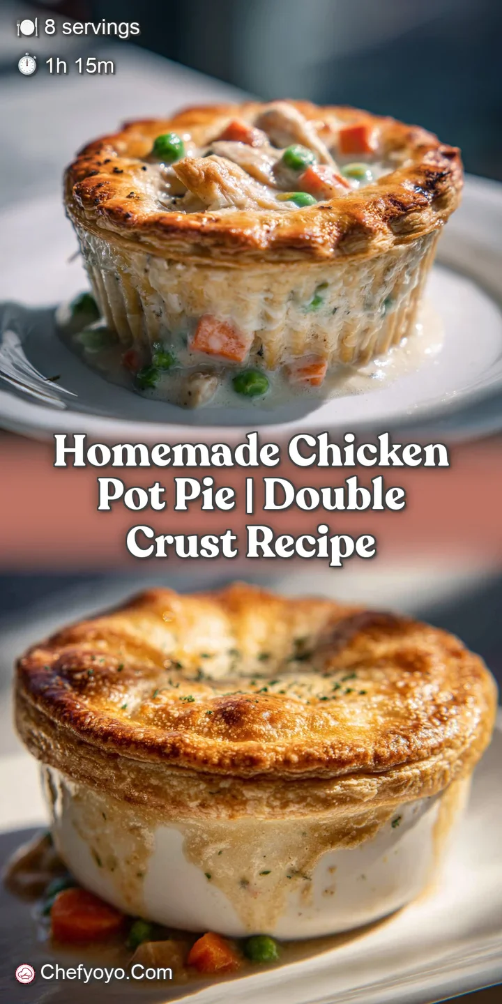 Close-up of a chicken pot pie's flaky crust, revealing the creamy, savory filling. Hints of vegetables add color and texture.