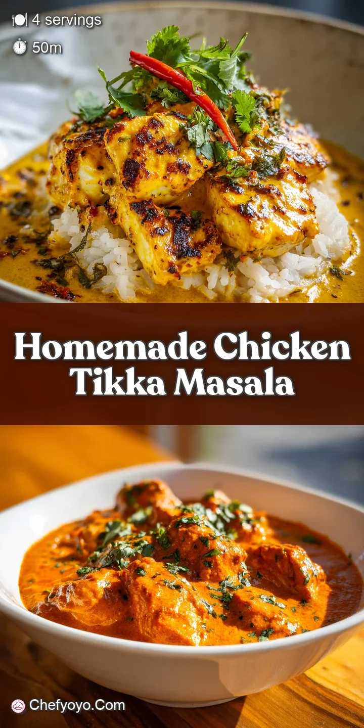 Close-up of simmering Chicken Tikka Masala: tender chicken pieces nestled in creamy, tomato-based gravy, bright with warm ...