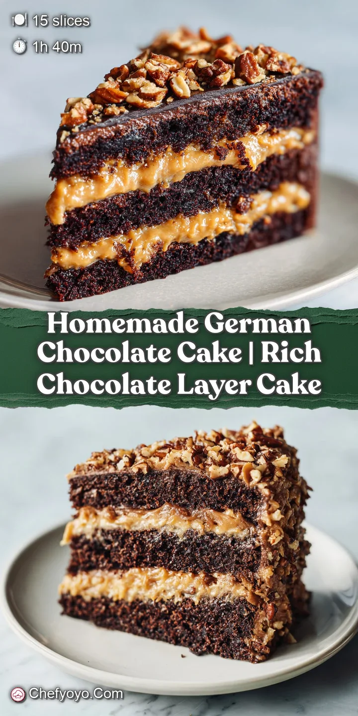 Close-up of fluffy chocolate layers filled with thick, nutty coconut frosting and toasted golden pecan pieces.