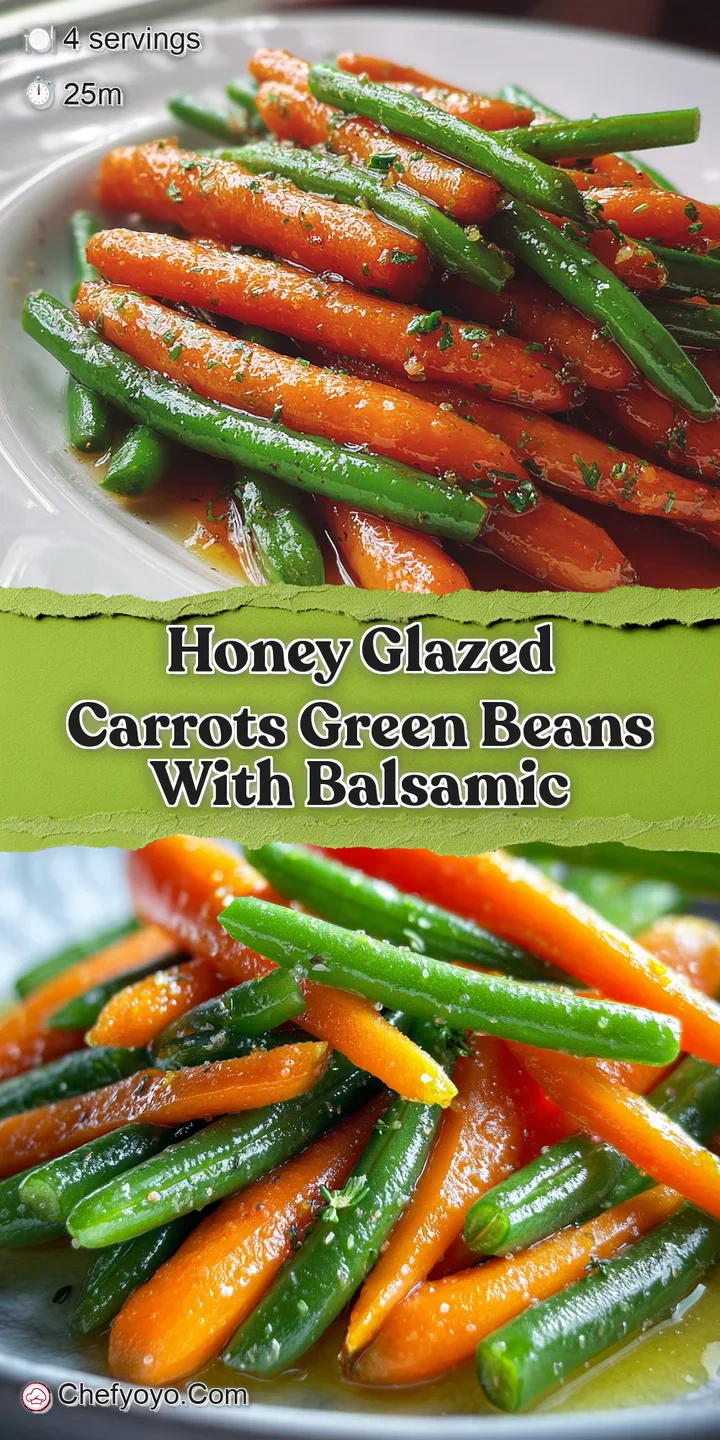 Close-up showcases the glistening honey glaze coating tender carrots and crisp green beans, promising a delightful sweet a...