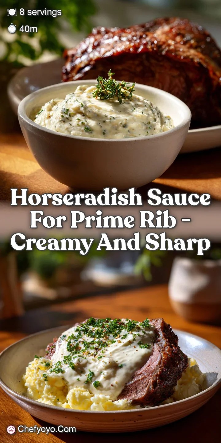 Close-up of the smooth, white horseradish sauce, showing its creamy texture, contrasting the reddish-pink prime rib's juic...