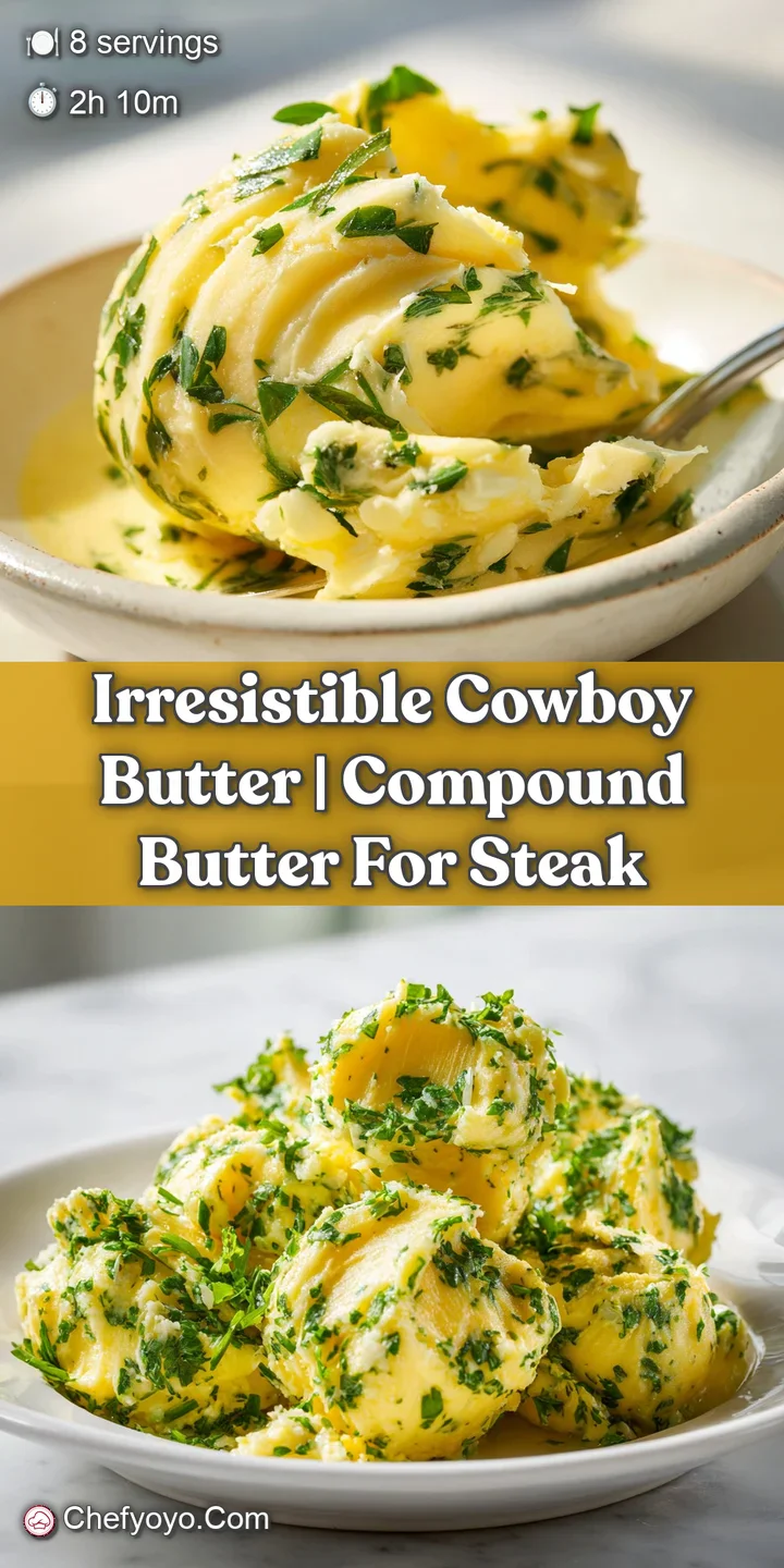 Close-up of creamy yellow compound butter with vibrant green herbs and red spices glistening under soft light.