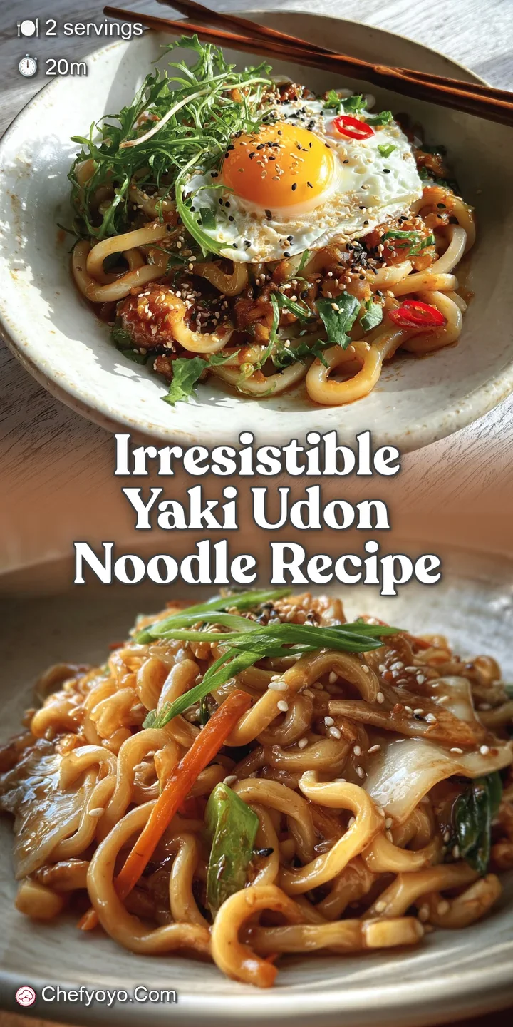 Close-up of stir-fried udon noodles with glistening sauce, vibrant green onions, and charred bits of protein creating a cr...