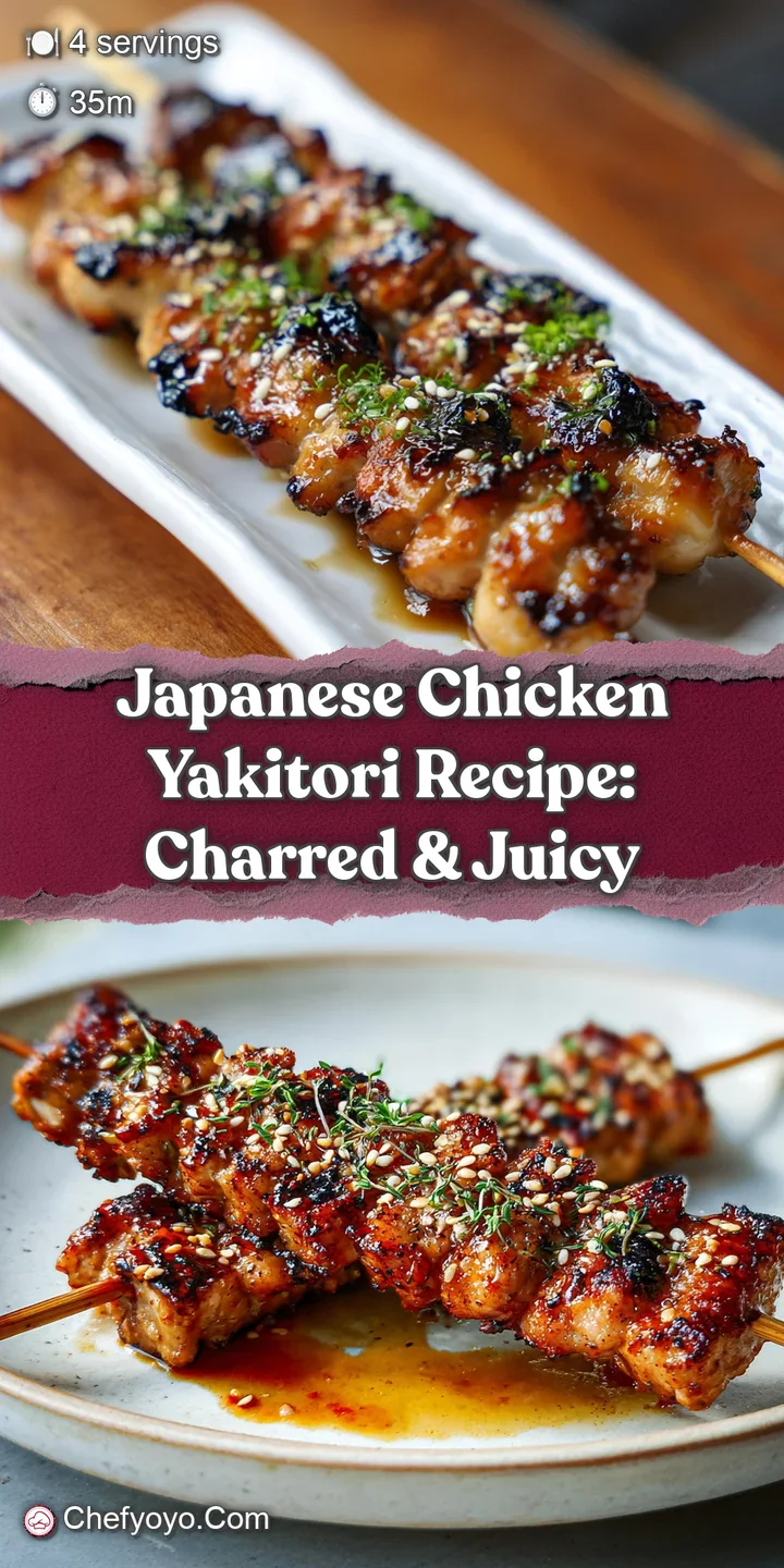 Close-up of juicy yakitori chicken. Caramelized glaze glistening under the light, inviting aroma implied. Skewer in soft f...