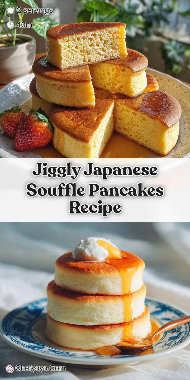 Close-up of a jiggly Japanese souffle pancake, warm golden hue, with a light dusting of powdered sugar. Airy and delicate.