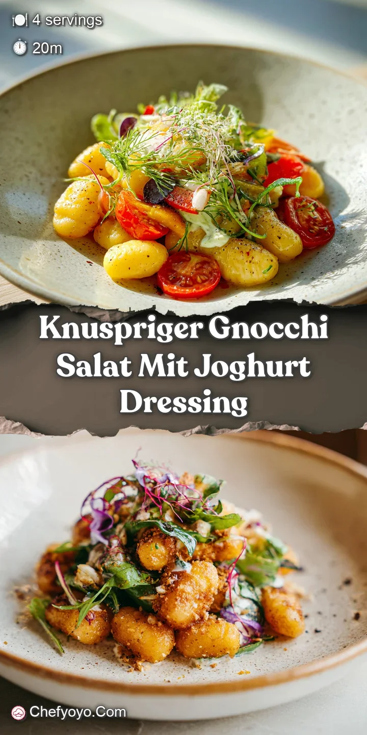 Close-up of perfectly crisp gnocchi nestled in a creamy, tangy yogurt sauce, bursting with fresh green herbs and inviting ...