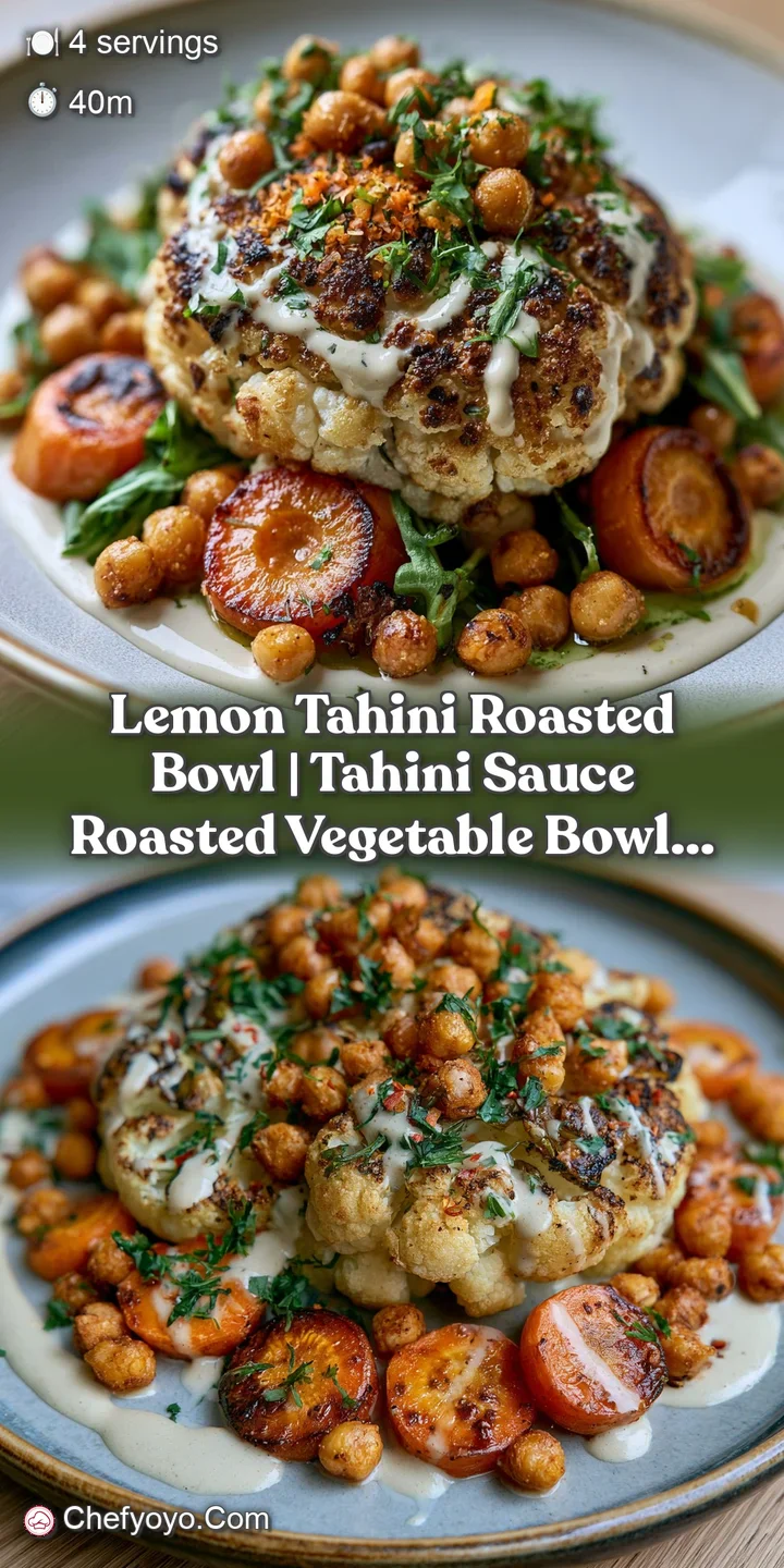 Close-up of charred golden cauliflower and chickpeas dripping with a thick, creamy white sauce and sesame seeds.