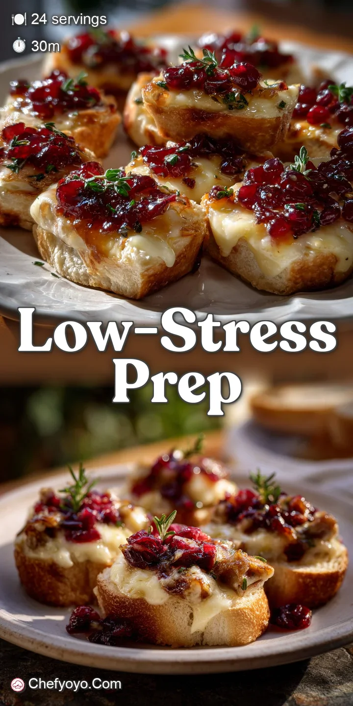 Close-up of bubbling, melted brie and glistening cranberries on a crisp pastry base, hinting at warmth and a delightful te...