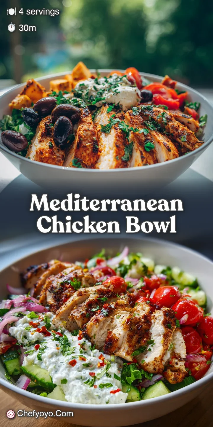 Close-up of juicy, golden-brown chicken with crispy edges atop a bed of colorful, fresh Mediterranean veggies and grains. ...