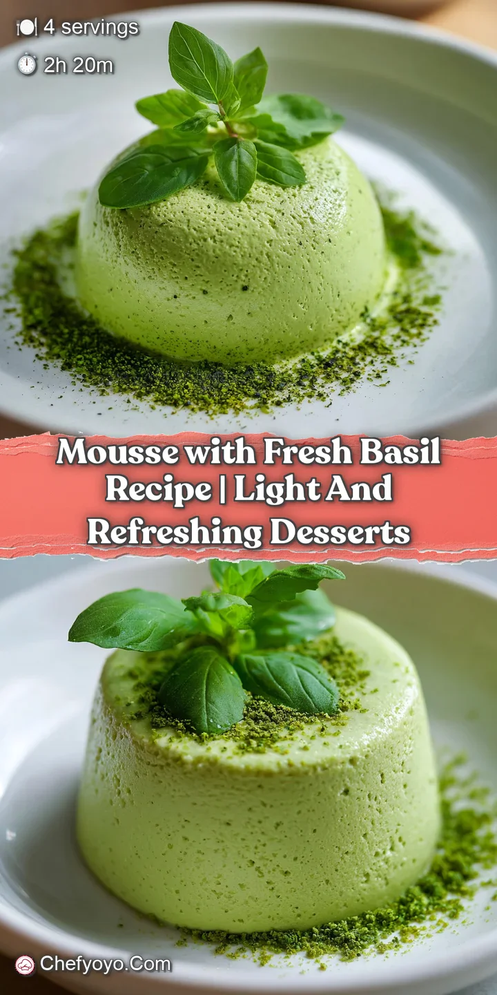 Close-up of the mousse's delicate texture and vibrant green color, punctuated by fresh basil. A spoonful is missing, tempt...
