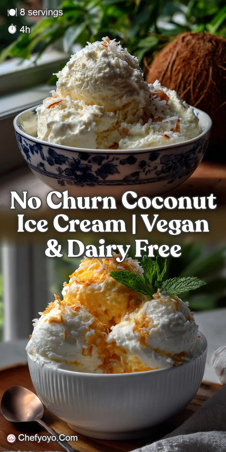 Close-up shot: Swirls of white ice cream with visible flecks of coconut; smooth, velvety texture contrasted by a sprinkle ...