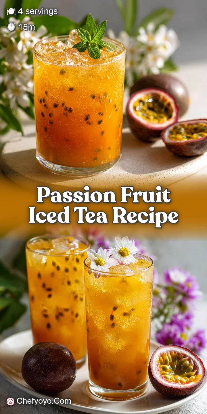 Close-up of passion fruit iced tea swirling with pulp. Tiny bubbles and droplets highlight the cool, tropical drink.