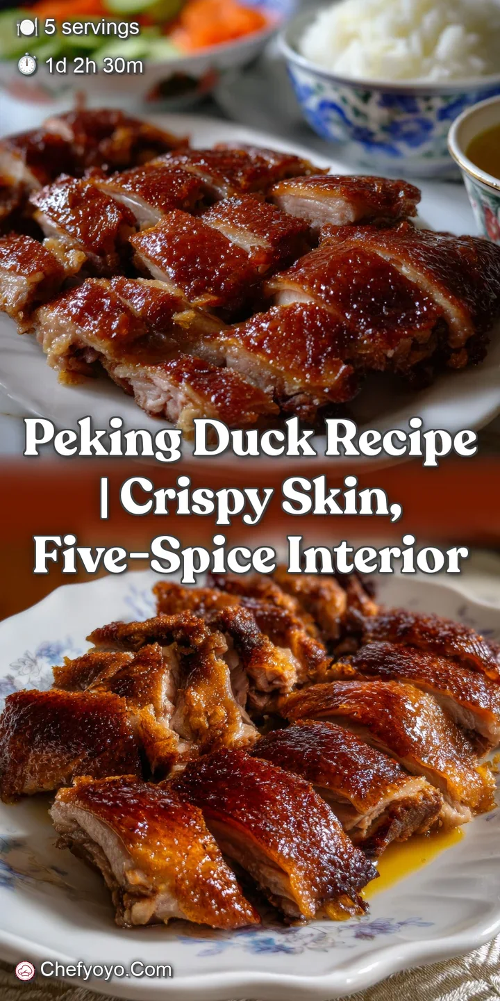 Close-up of succulent Peking duck skin, showcasing its glass-like, crispy texture. The rich, glossy surface is a perfect t...