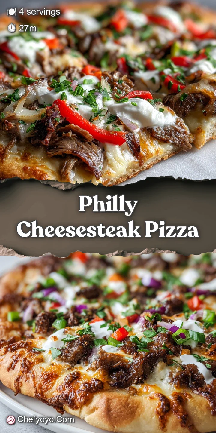 Close-up of a Philly cheesesteak pizza, gooey melted cheese mingling with savory steak and vibrant peppers on a crisp, gol...
