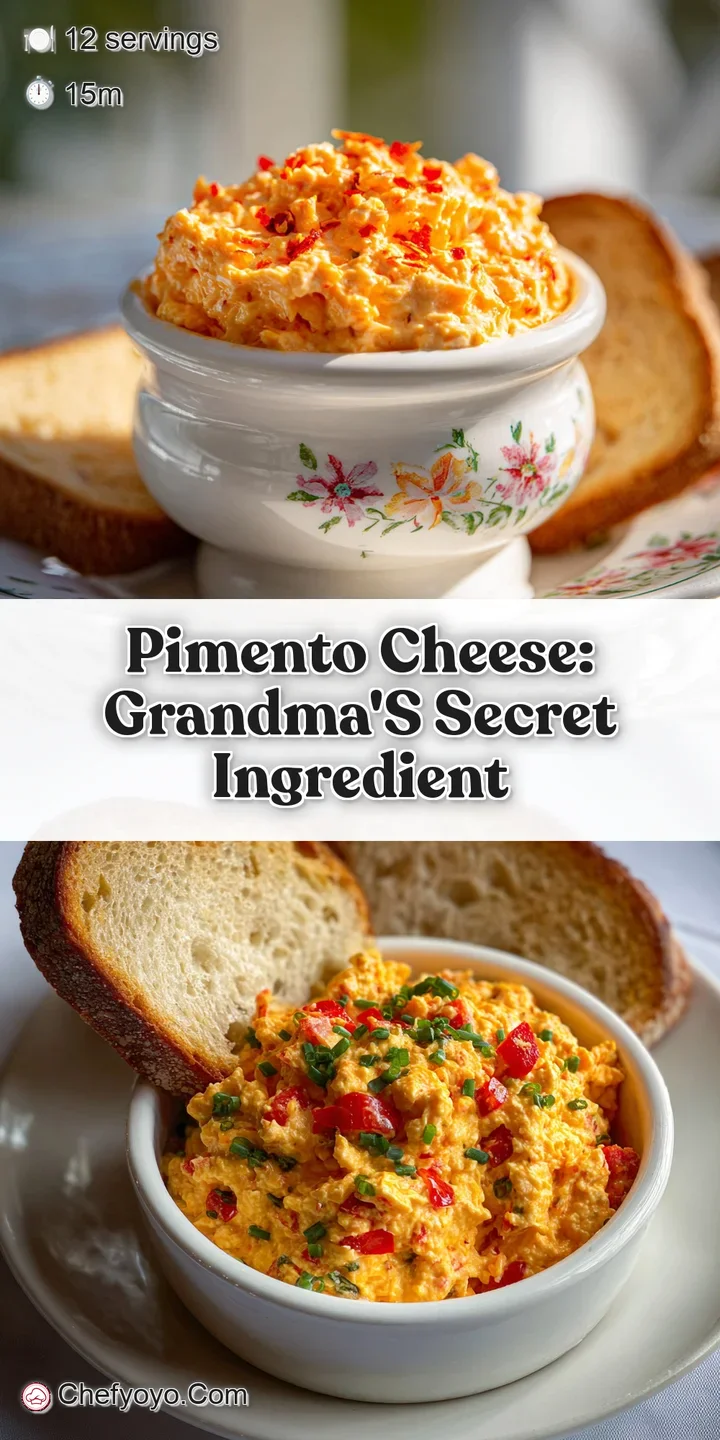 Smooth, rich pimento cheese close up; visible shreds of cheese & bits of pimento in a creamy, pale orange backdrop.
