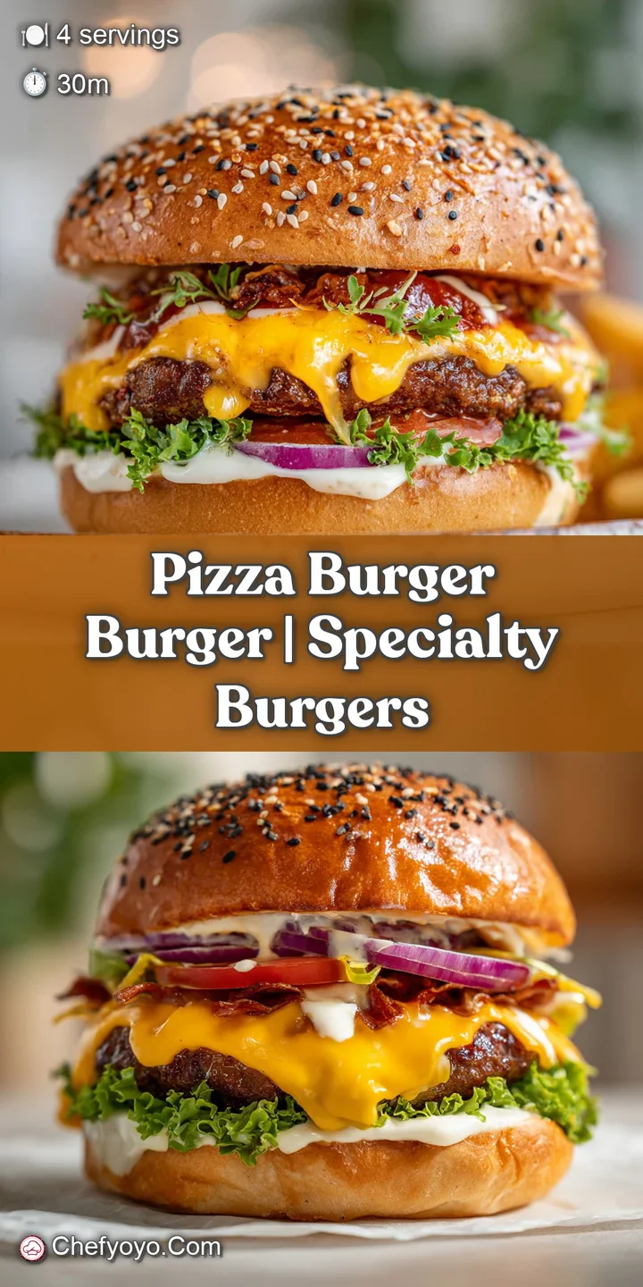 Close-up of a pizza burger; glistening melted cheese, browned burger, and crispy crust create a mouthwatering symphony of ...