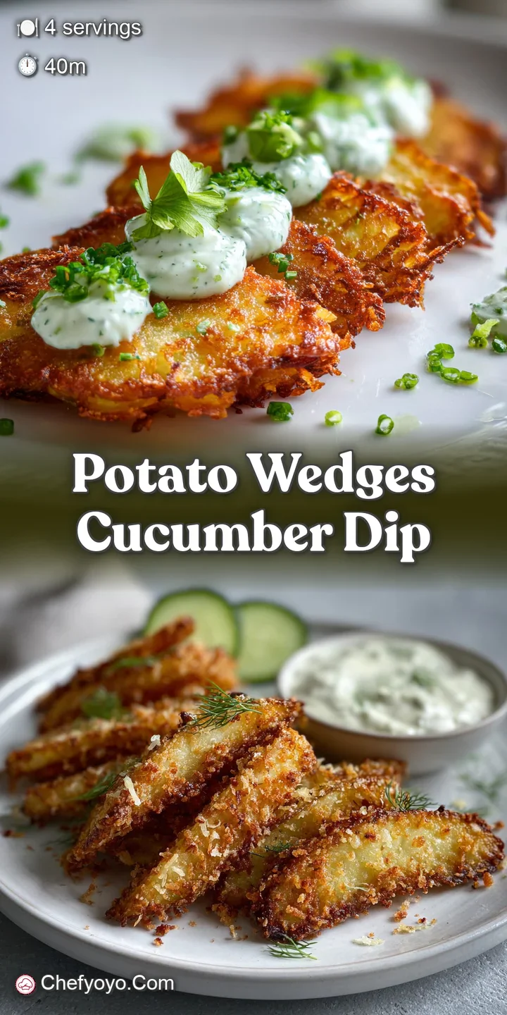 Close-up of crispy, golden potato wedge, showing textured surface and herb flecks. Smooth, light green cucumber dip adds c...