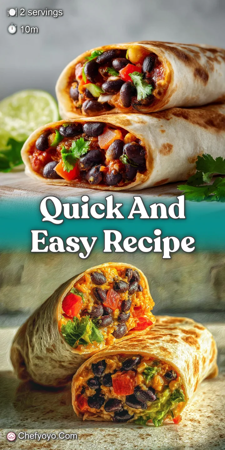 Close-up of a vegan burrito with a visible bite. Shiny black beans, juicy salsa, and vibrant greens are nestled in a soft ...