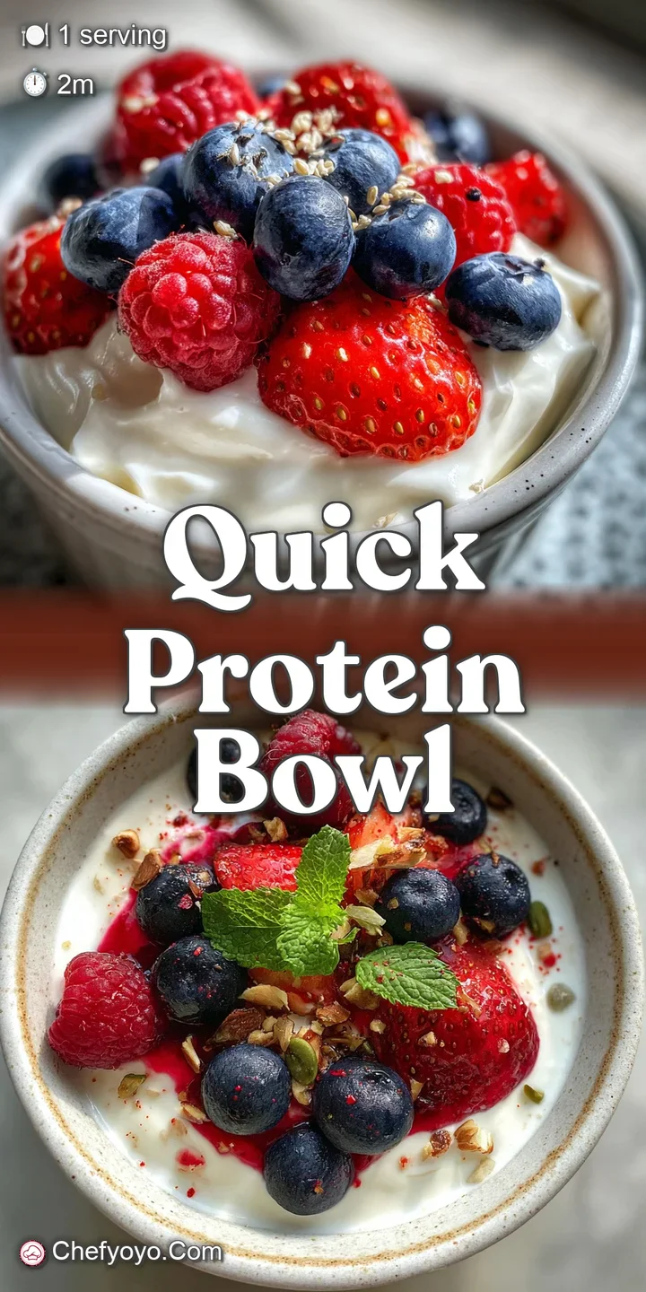 Close-up of juicy blueberries and raspberries nestled in thick Greek yogurt, glistening with a light honey drizzle.