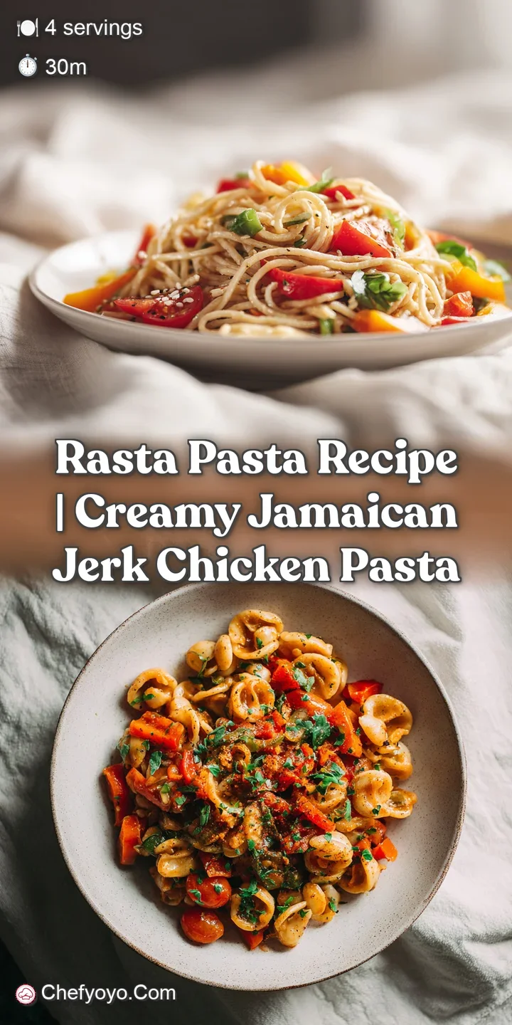 Close-up of tender, spiced jerk chicken pieces mingled with bright red and green bell peppers and pasta.