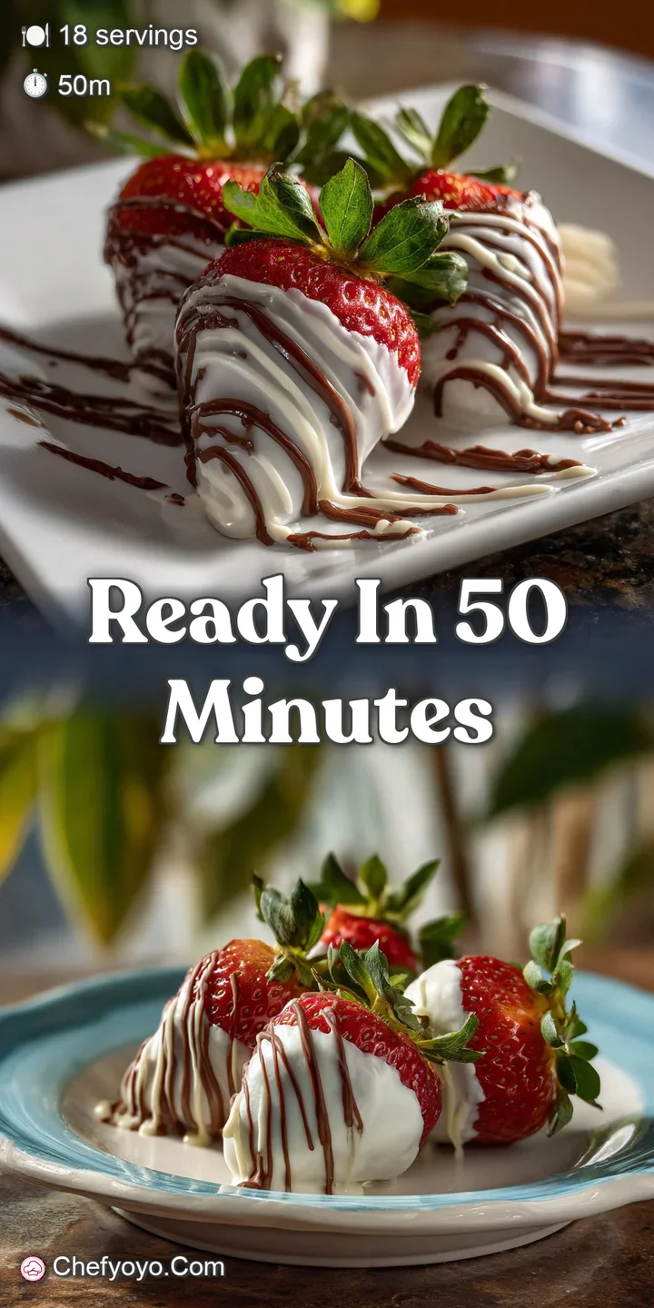 Close-up showcases the rich, dark chocolate coating a juicy strawberry, accented by fine white chocolate lines, an irresis...