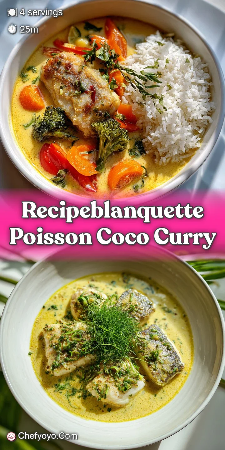 Close-up of tender white fish bathed in a rich, creamy coconut curry, flecked with fresh herbs, hinting at warmth and arom...